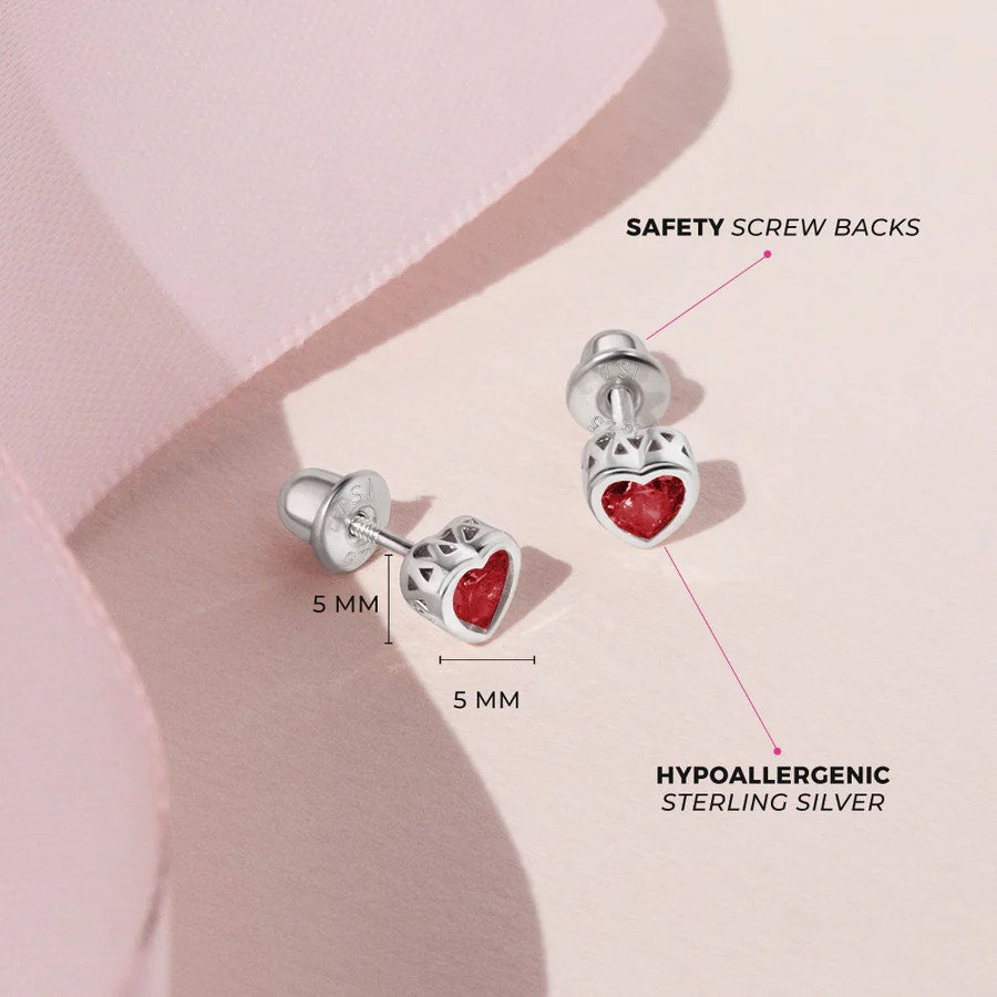 CZ Birthstone Heart January Garnet Earrings- Sterling Silver