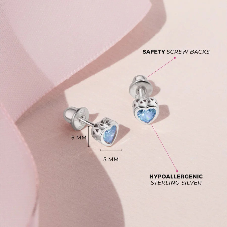 CZ Birthstone Heart March Earrings - Sterling Silver