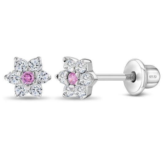 CZ Cluster Flower Clear & Pink Earrings - Sterling Silver