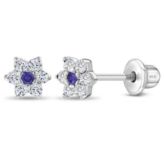 CZ Cluster Flower Purple & Clear Earrings - Sterling Silver