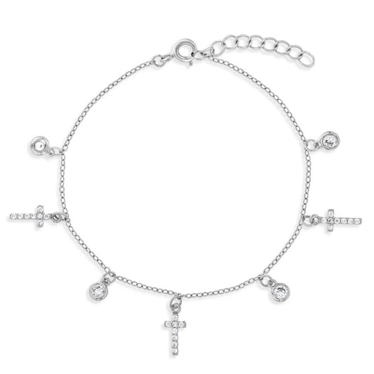 6"-7" Cross Charm & Clear CZ Bracelet - Sterling Silver