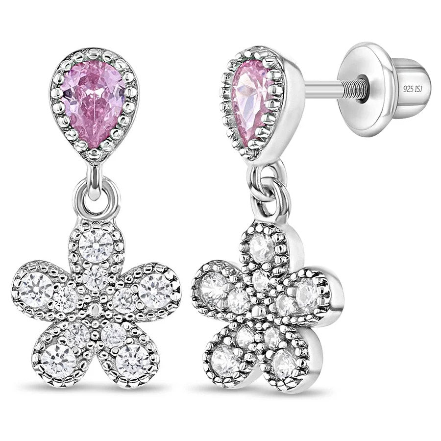 Groovy CZ Flower Dangle Earrings - Sterling Silver