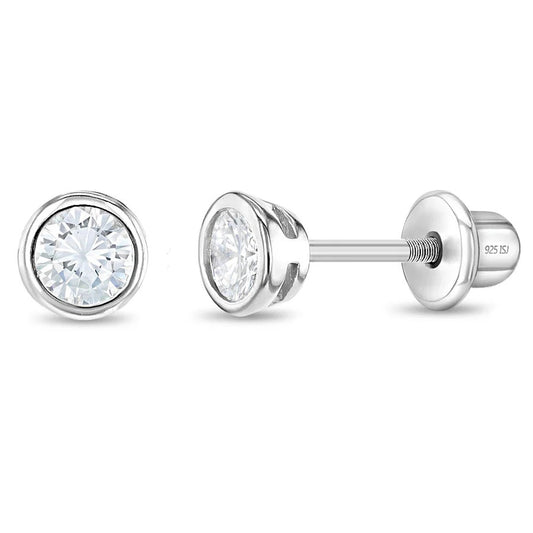 Bezel Set Solitaire 3mm Clear Earrings - Sterling Silver