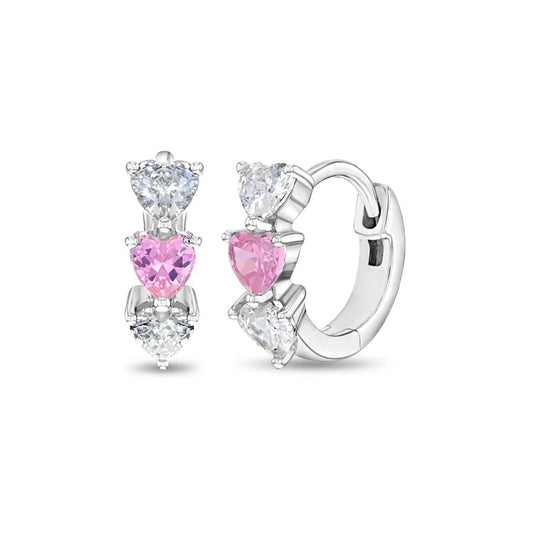 Cascading CZ Heart Hoop Pink 7mm Earrings - Sterling Silver