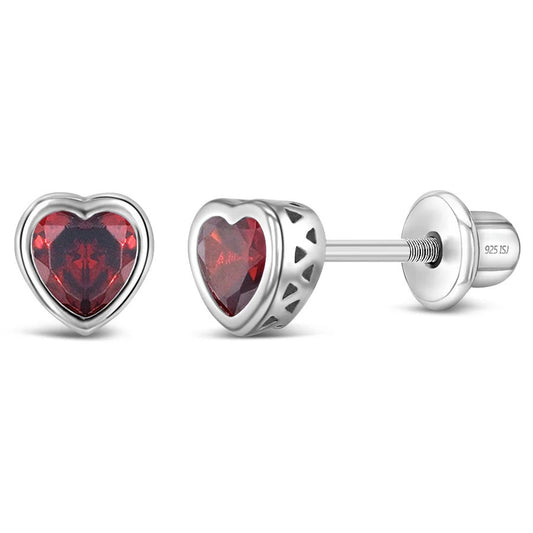 CZ Birthstone Heart January Garnet Earrings- Sterling Silver