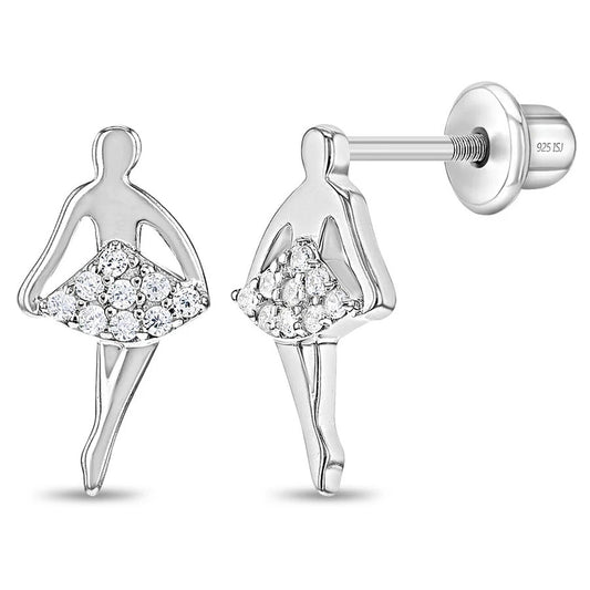 Glittering Ballerina Earrings Screw Back - Sterling Silver