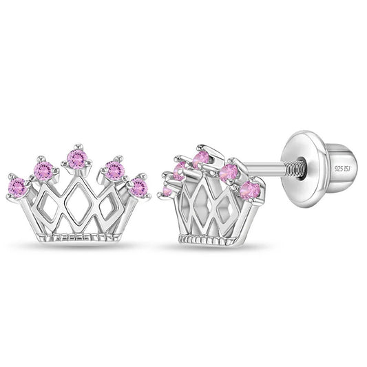 5 Point CZ Crown Pink Earrings - Sterling Silver