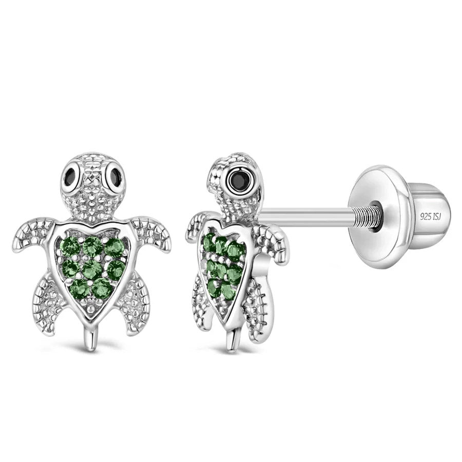 Adorable Turtle Green Girls Earrings - Sterling Silver