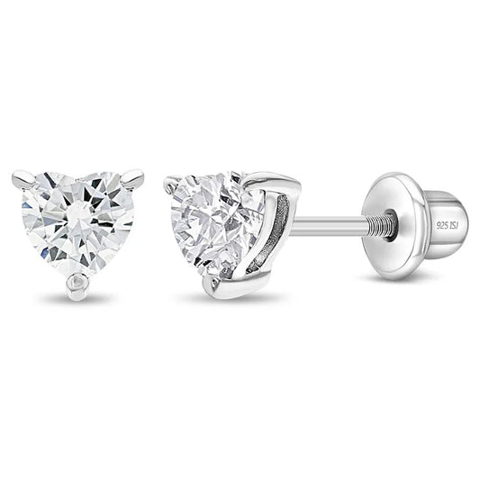 CZ Heart Solitaire 4mm Clear Earrings - Sterling Silver