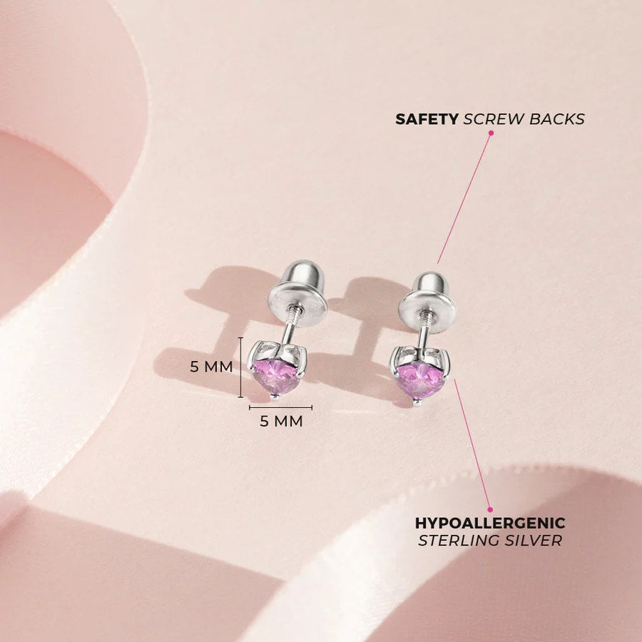 CZ Heart Solitaire 4mm Pink  Earrings - Sterling Silver