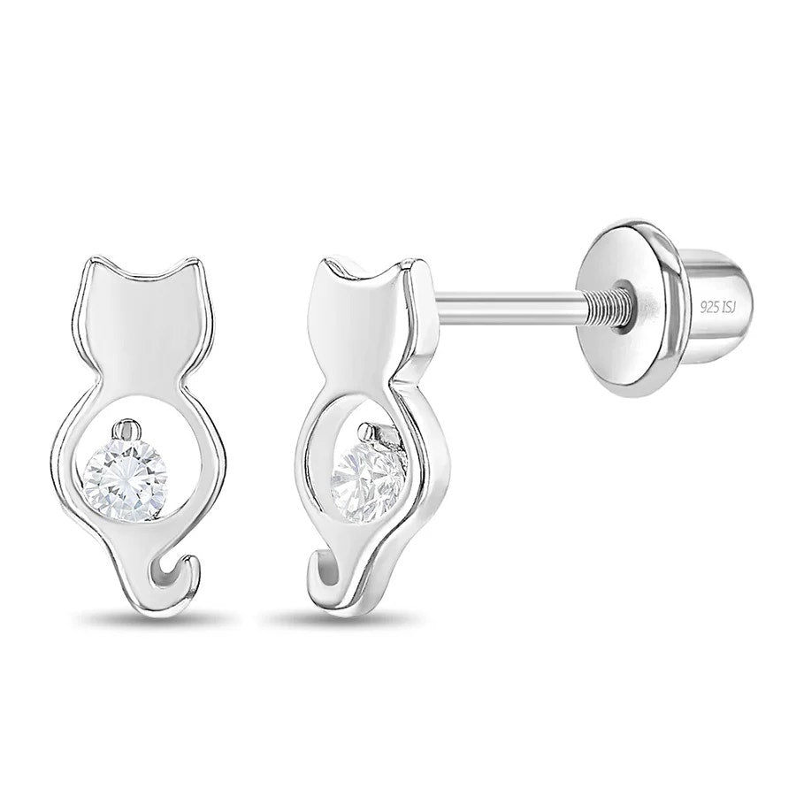 CZ Kitty Friend Earrings Screw Back - Sterling Silver