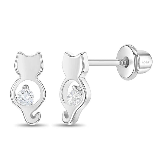 CZ Kitty Friend Earrings Screw Back - Sterling Silver