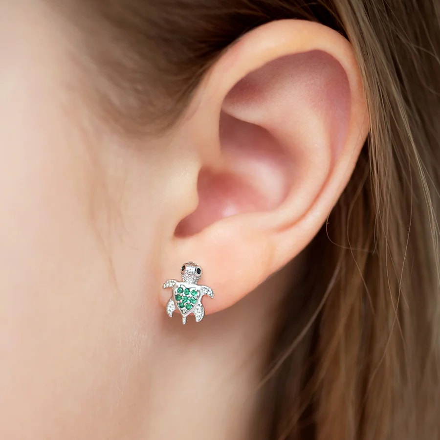 Adorable Turtle Green Girls Earrings - Sterling Silver