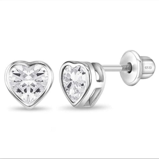 Bezel CZ Heart Baby / Toddler / Kids Earrings Screw Back - Sterling Silver