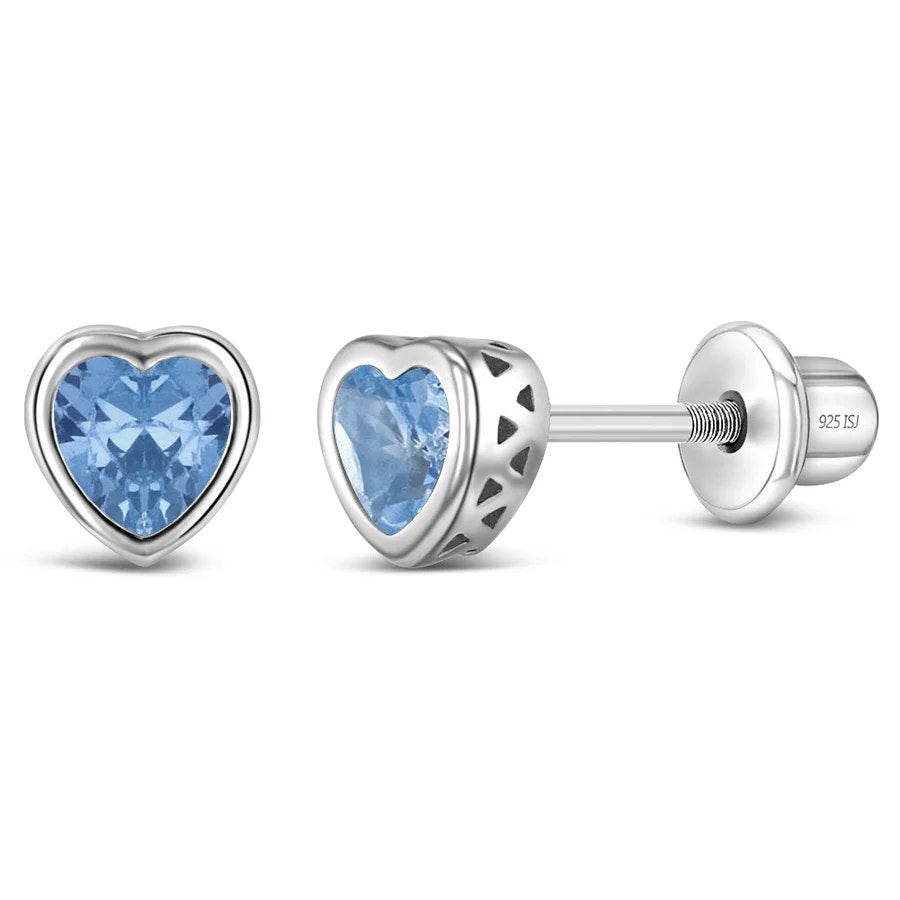 CZ Birthstone Heart March Earrings - Sterling Silver