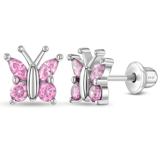 Dainty CZ Butterfly Pink Earrings - Sterling Silver