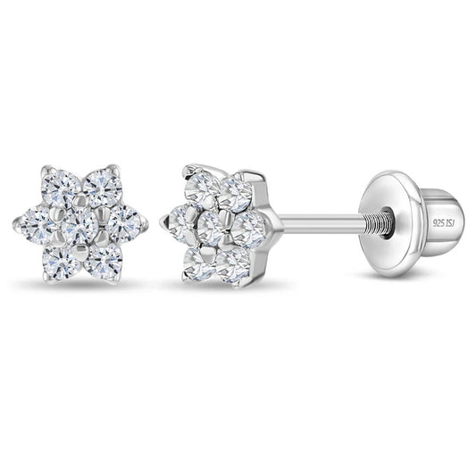 CZ Cluster Flower Clear Earrings - Sterling Silver