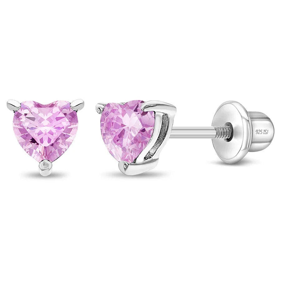 CZ Heart Solitaire 4mm Pink  Earrings - Sterling Silver