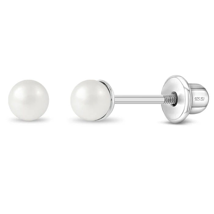 Classic Simulated Pearl White 3-5mm Kids Earrings Screw Back - Sterling Silver - 5.0mm