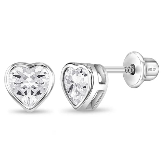 Bezel CZ Heart Baby / Toddler / Kids Earrings Screw Back - Sterling Silver - Clear CZ