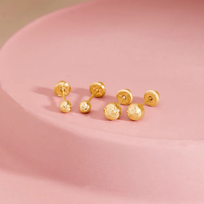 14k Gold Diamond Cut Ball Baby / Toddler / Kids Earrings Safety Screw Back - 3mm