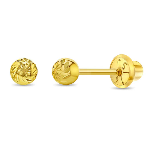 14k Gold Diamond Cut Ball Baby / Toddler / Kids Earrings Safety Screw Back - 3mm