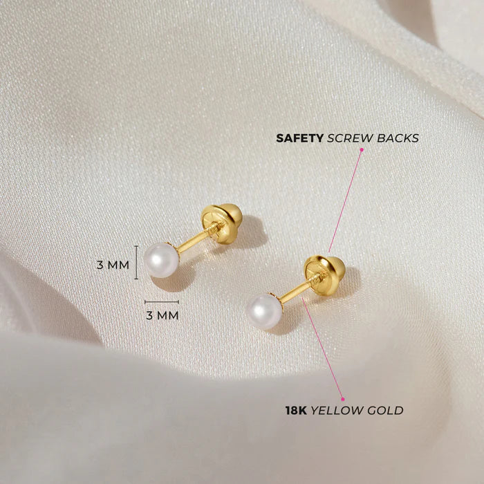 18k Gold Classic Freshwater Cultured Pearl 3-6mm Baby / Toddler / Kids Earrings Safety Screw Back - 5mm